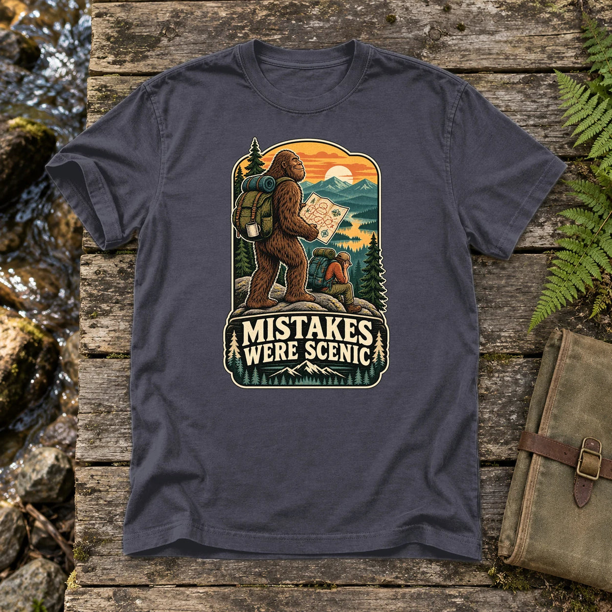 Mistakes Were Scenic Bigfoot Graphic Tee on Navy Premium Tee