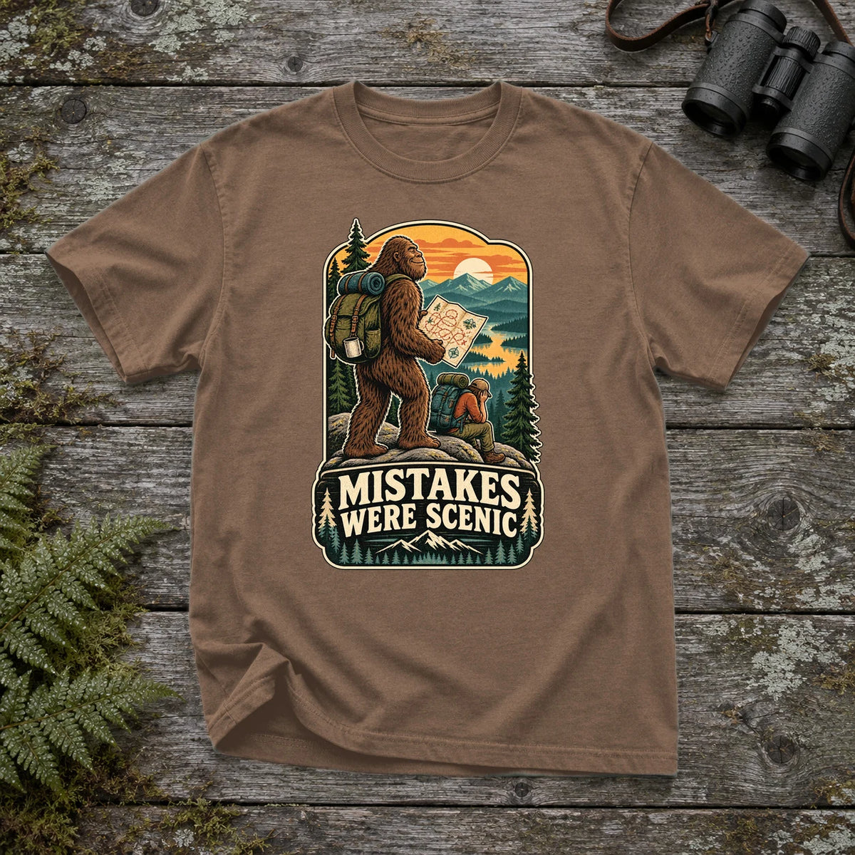 Mistakes Were Scenic Bigfoot Graphic Tee on Espresso Premium Tee