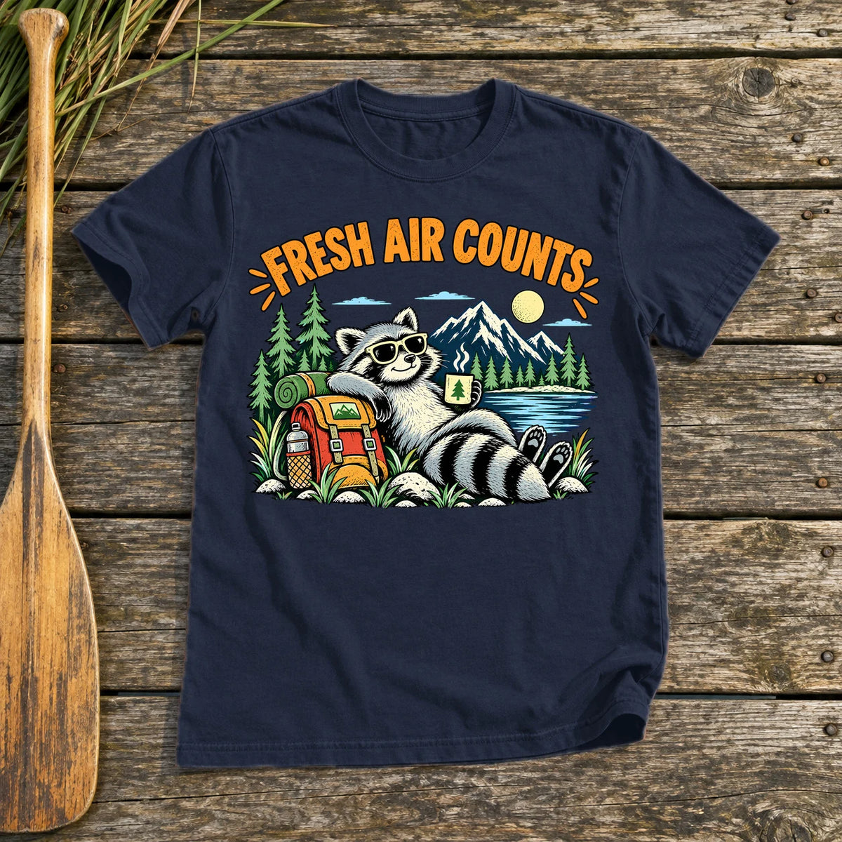 Fresh Air Counts Raccoon Graphic Tee on Navy Everyday Soft Tee