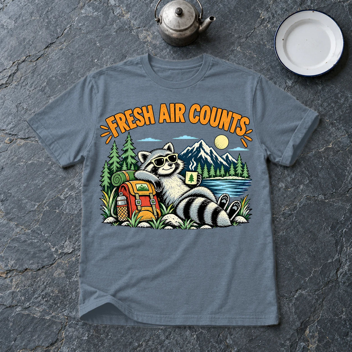 Fresh Air Counts Raccoon Graphic Tee on Heather Indigo Everyday Soft Tee