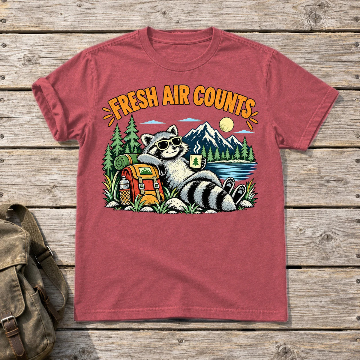 Fresh Air Counts Raccoon Graphic Tee on Heather Red Everyday Soft Tee