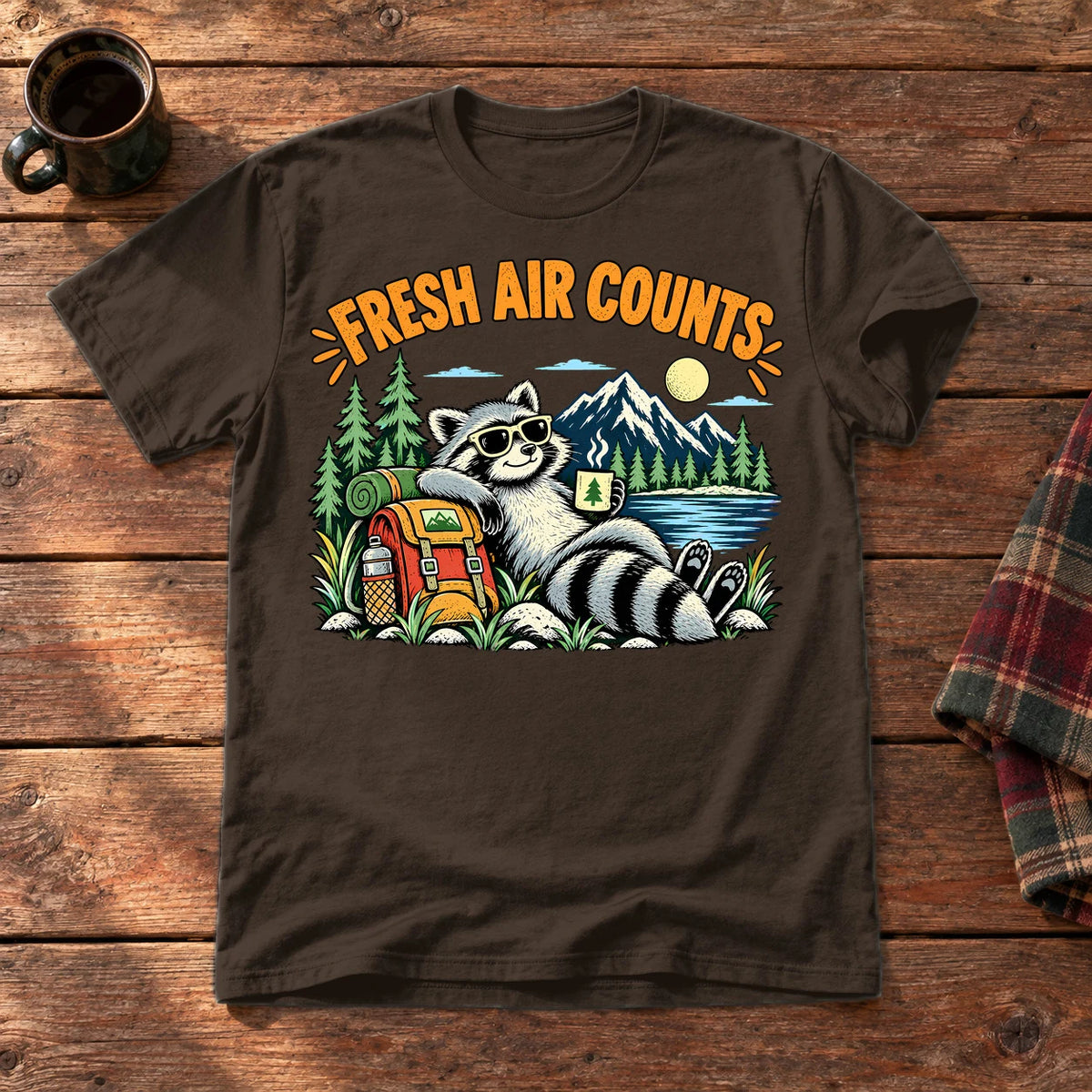 Fresh Air Counts Raccoon Graphic Tee on Dark Chocolate Everyday Soft Tee