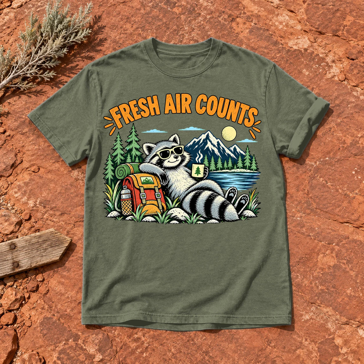 Fresh Air Counts Raccoon Graphic Tee on Moss Premium Tee