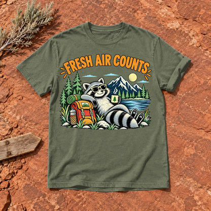 Fresh Air Counts Raccoon Graphic Tee on Moss Premium Tee