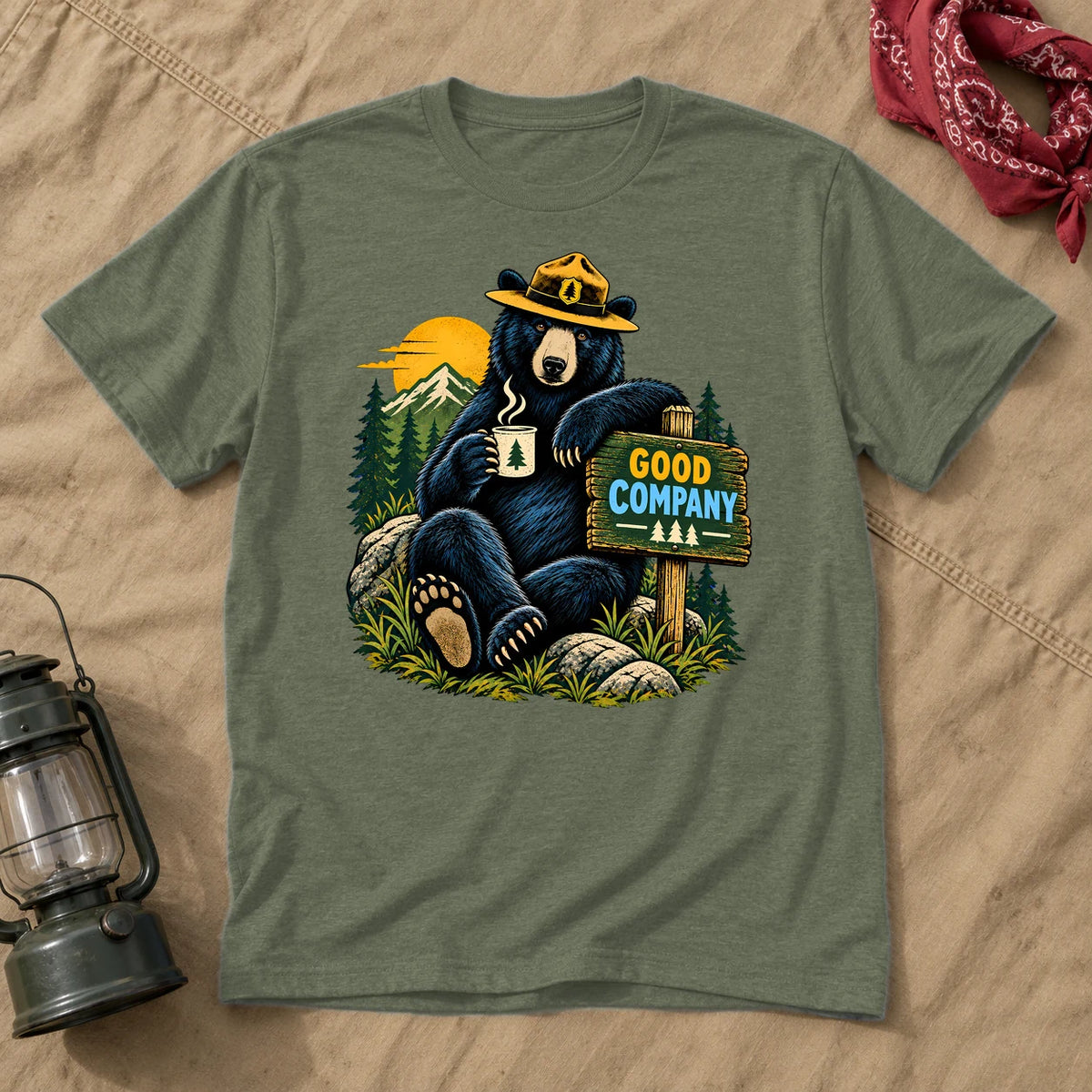 Good Company Ranger Bear Graphic Tee on Military Green Everyday Soft Tee