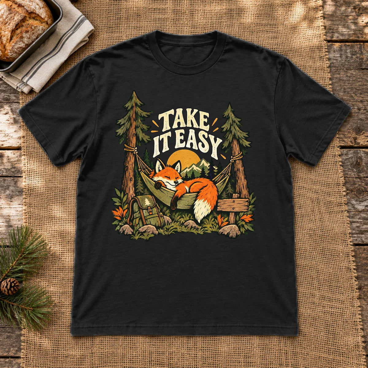Take It Easy Camping Fox Graphic Tee on Black Everyday Soft Tee
