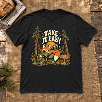 Take It Easy Camping Fox Graphic Tee on Black Everyday Soft Tee