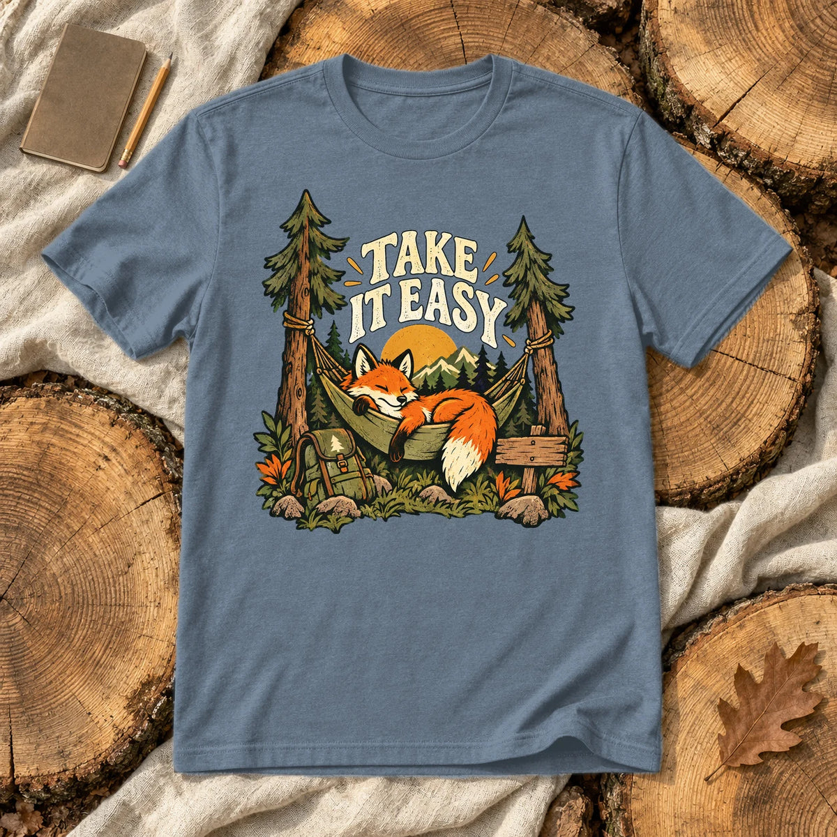 Take It Easy Camping Fox Graphic Tee on Heather Indigo Everyday Soft Tee