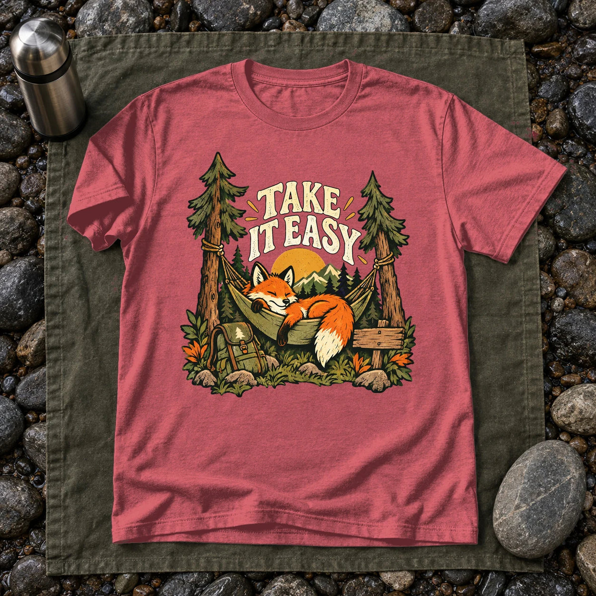Take It Easy Camping Fox Graphic Tee on Heather Red Everyday Soft Tee