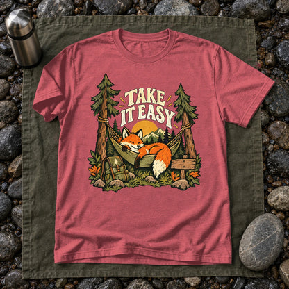 Take It Easy Camping Fox Graphic Tee on Heather Red Everyday Soft Tee
