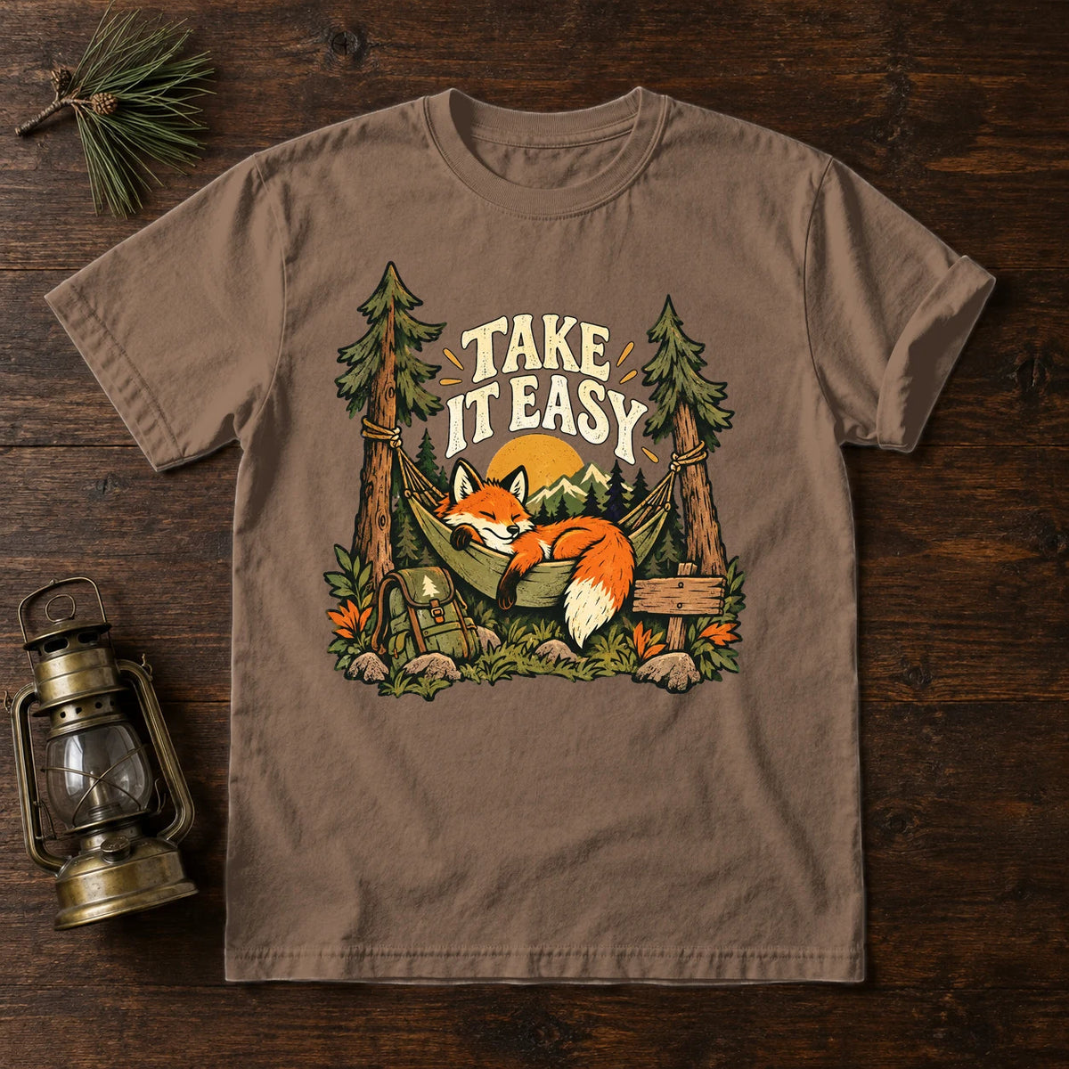 Take It Easy Camping Fox Graphic Tee on Espresso Premium Tee