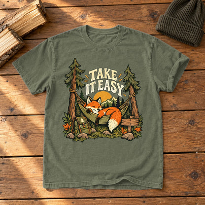 Take It Easy Camping Fox Graphic Tee on Moss Premium Tee