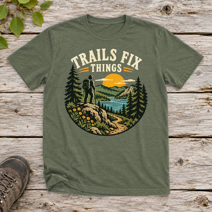 Trails Fix Things Vintage Graphic Tee on Military Green Everyday Soft Tee
