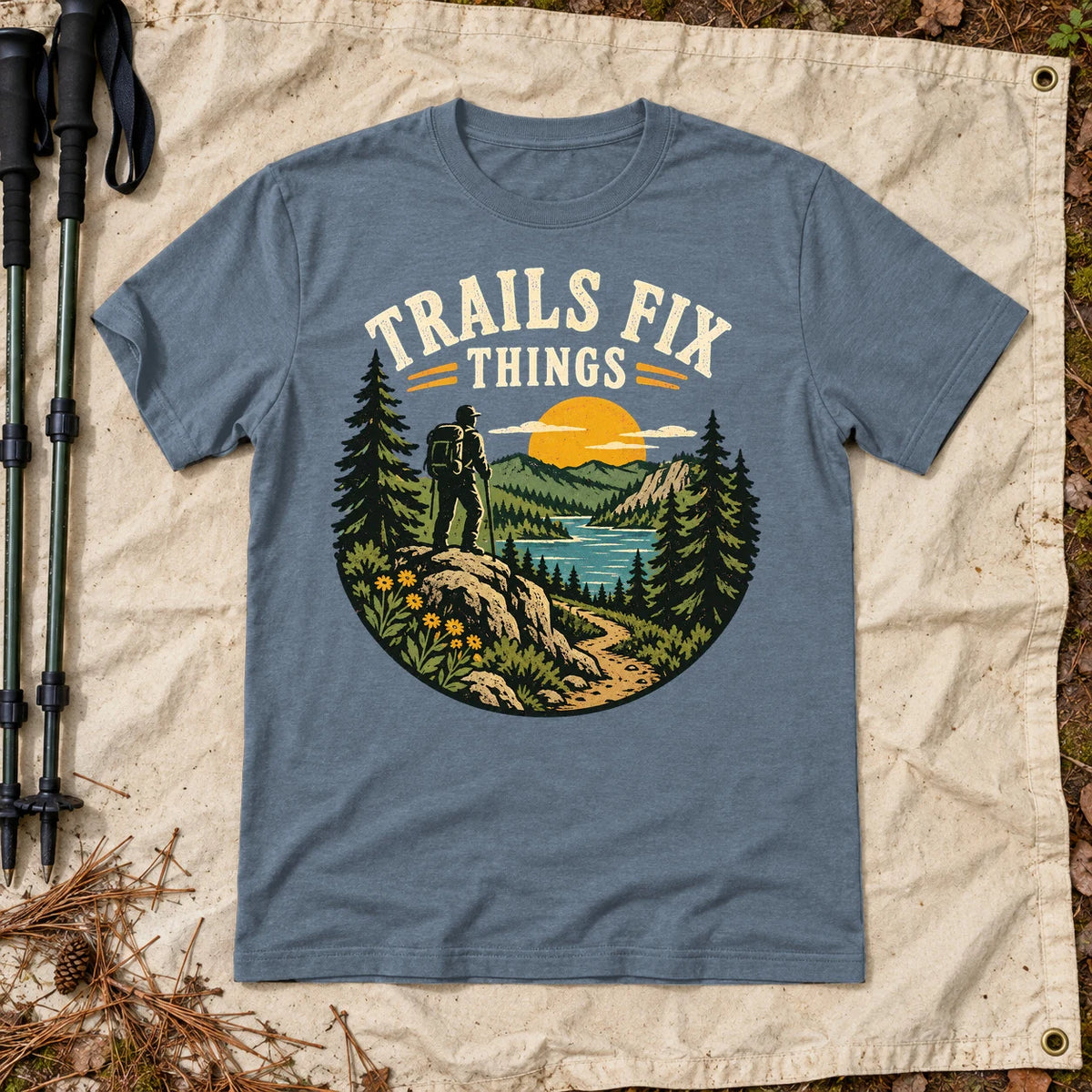 Trails Fix Things Vintage Graphic Tee on Heather Indigo Everyday Soft Tee