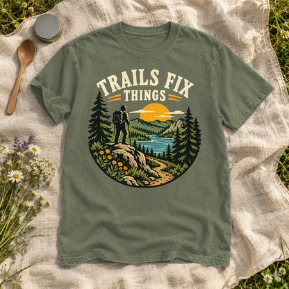 Trails Fix Things Vintage Graphic Tee on Moss Premium Tee
