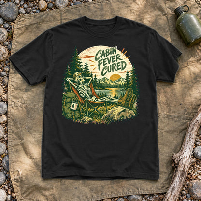 Cabin Fever Cured Skeleton Graphic Tee on Black Everyday Soft Tee