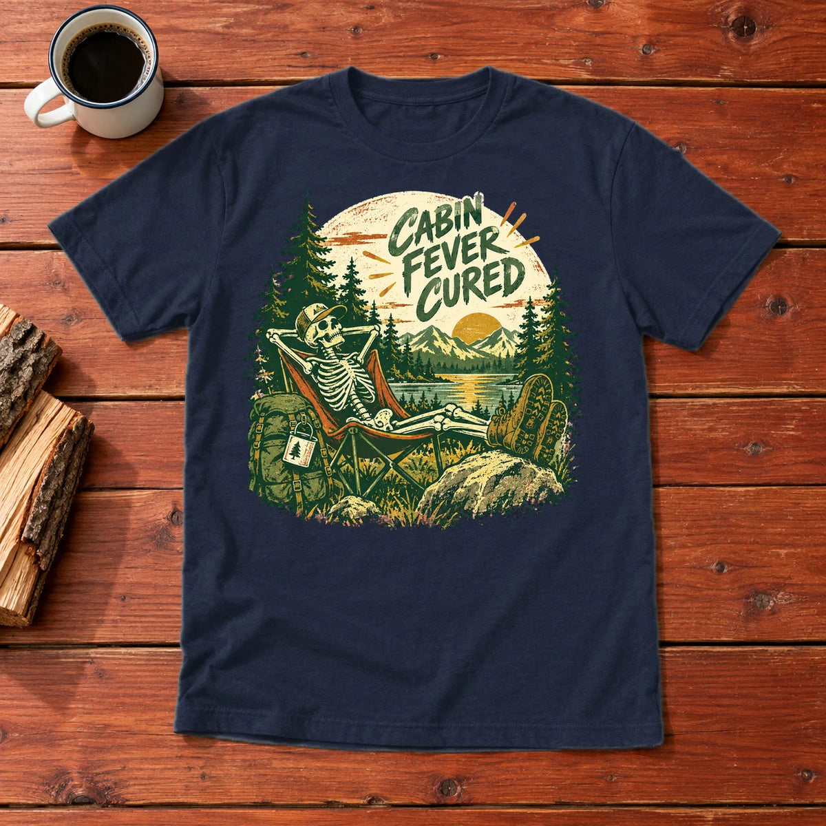 Cabin Fever Cured Skeleton Graphic Tee on Navy Everyday Soft Tee