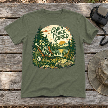 Cabin Fever Cured Skeleton Graphic Tee on Military Green Everyday Soft Tee