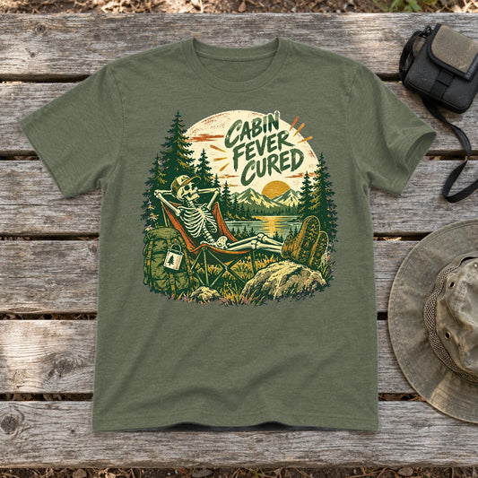 Cabin Fever Cured Skeleton Graphic Tee on Military Green Everyday Soft Tee