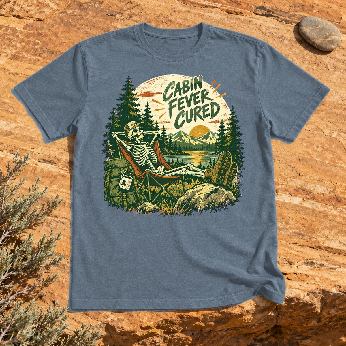 Cabin Fever Cured Skeleton Graphic Tee on Heather Indigo Everyday Soft Tee