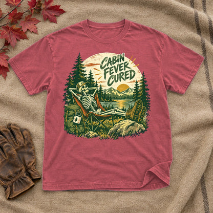 Cabin Fever Cured Skeleton Graphic Tee on Heather Red Everyday Soft Tee