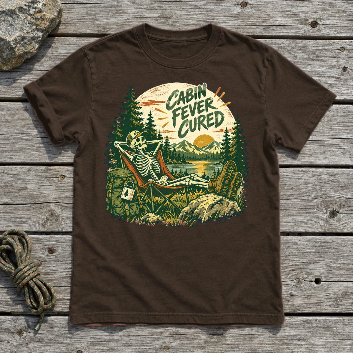 Cabin Fever Cured Skeleton Graphic Tee on Dark Chocolate Everyday Soft Tee