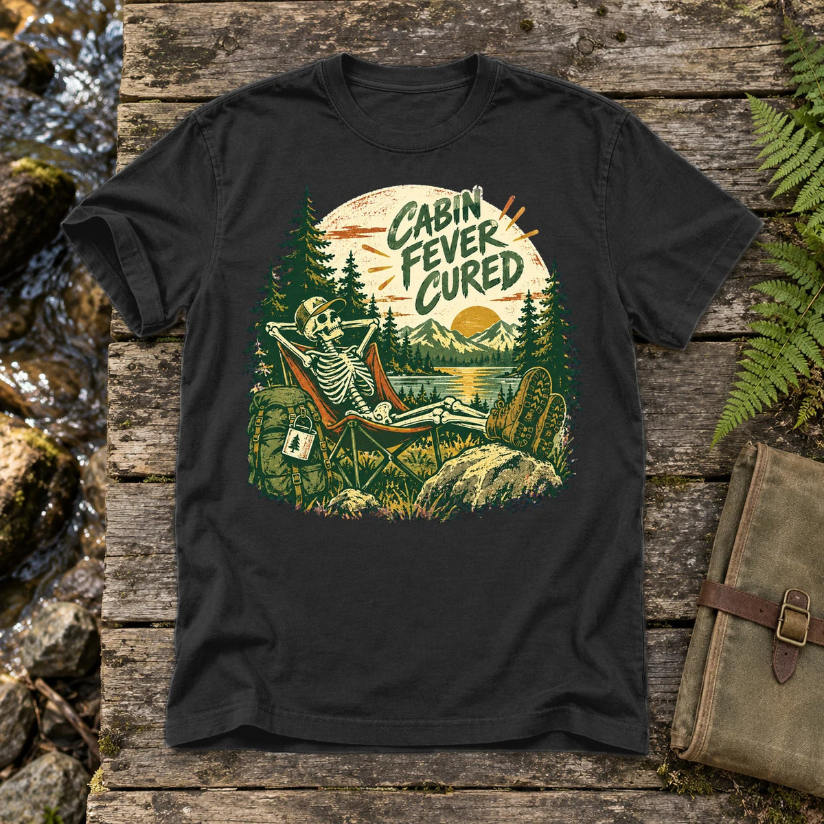 Cabin Fever Cured Skeleton Graphic Tee on Black Premium Tee