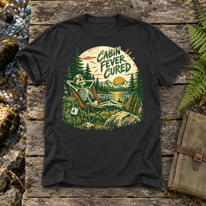 Cabin Fever Cured Skeleton Graphic Tee on Black Premium Tee