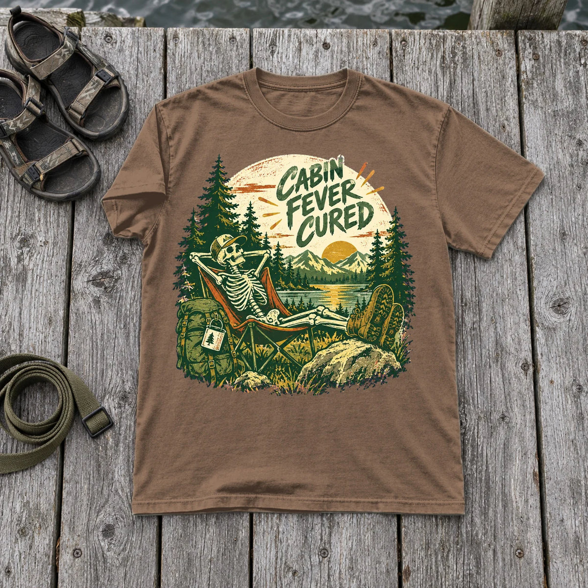 Cabin Fever Cured Skeleton Graphic Tee on Espresso Premium Tee