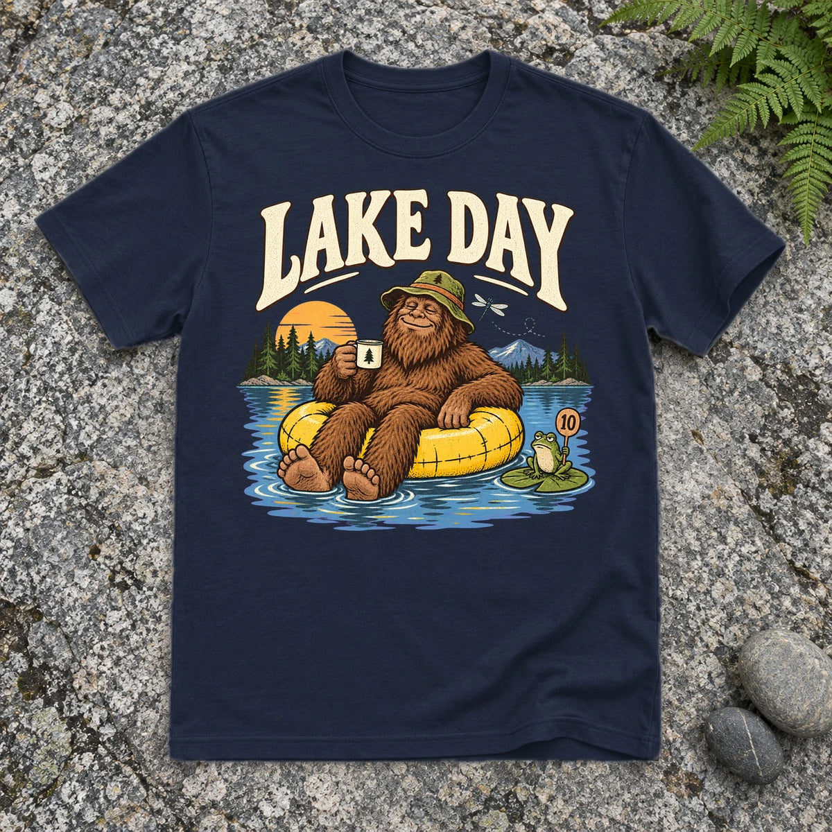 Lake Day Bigfoot Graphic Tee on Navy Everyday Soft Tee