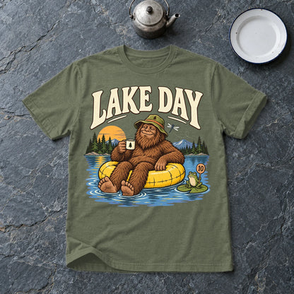 Lake Day Bigfoot Graphic Tee on Military Green Everyday Soft Tee