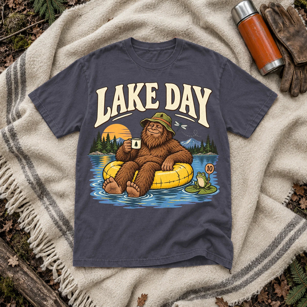 Lake Day Bigfoot Graphic Tee on Navy Premium Tee