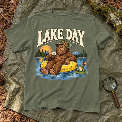 Lake Day Bigfoot Graphic Tee on Moss Premium Tee