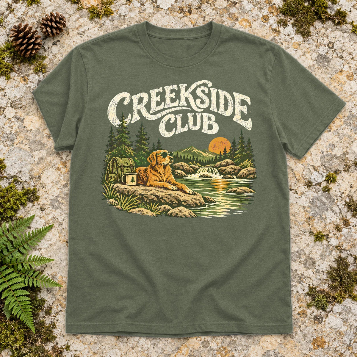 Creekside Club Golden Retriever Graphic Tee on Military Green Everyday Soft Tee