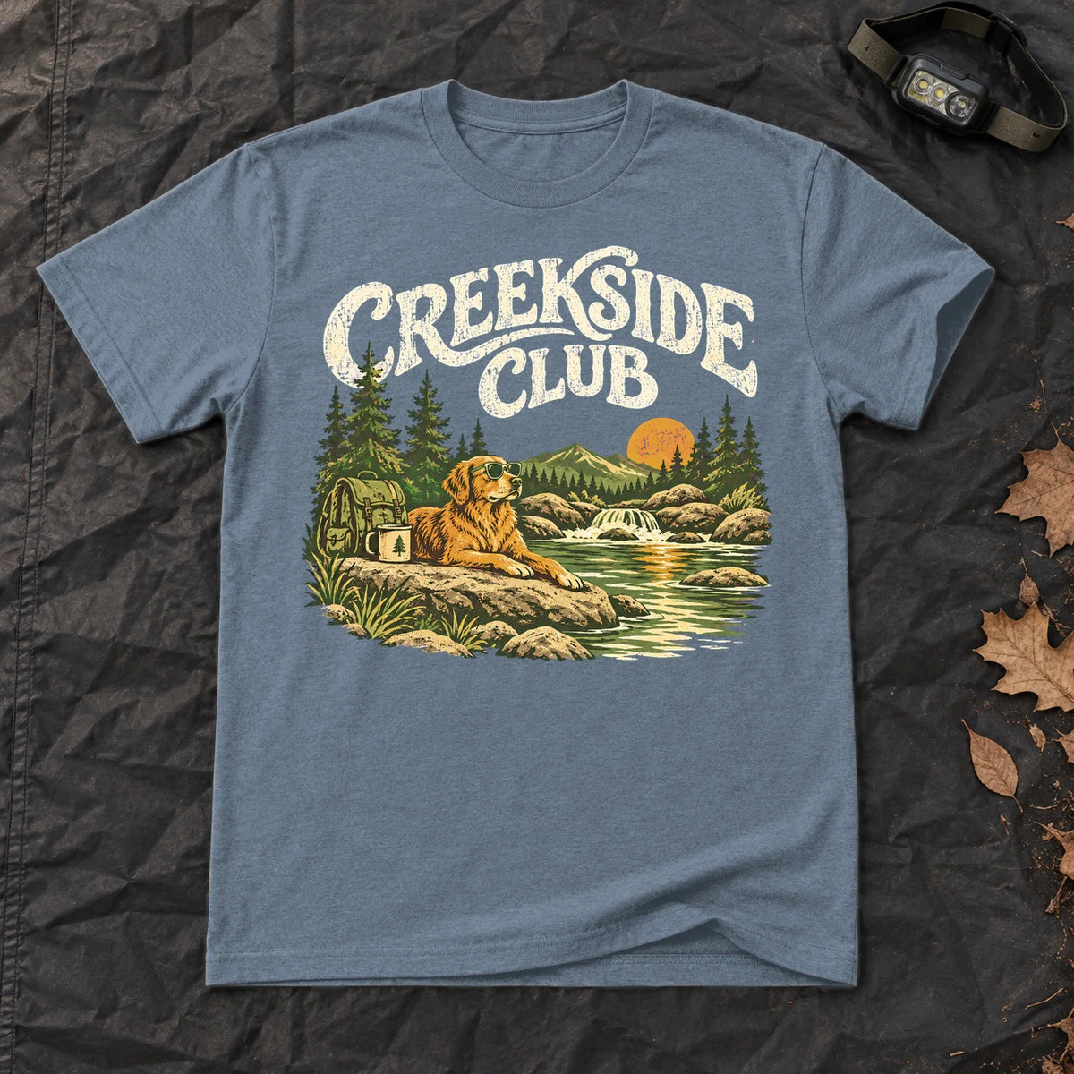 Creekside Club Golden Retriever Graphic Tee on Heather Indigo Everyday Soft Tee