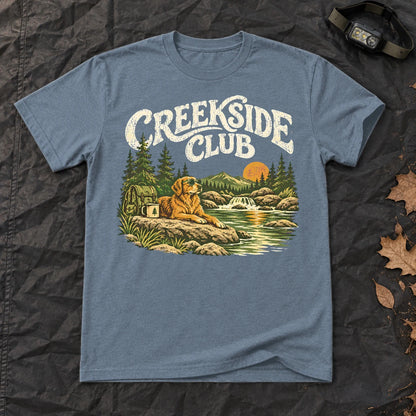Creekside Club Golden Retriever Graphic Tee on Heather Indigo Everyday Soft Tee