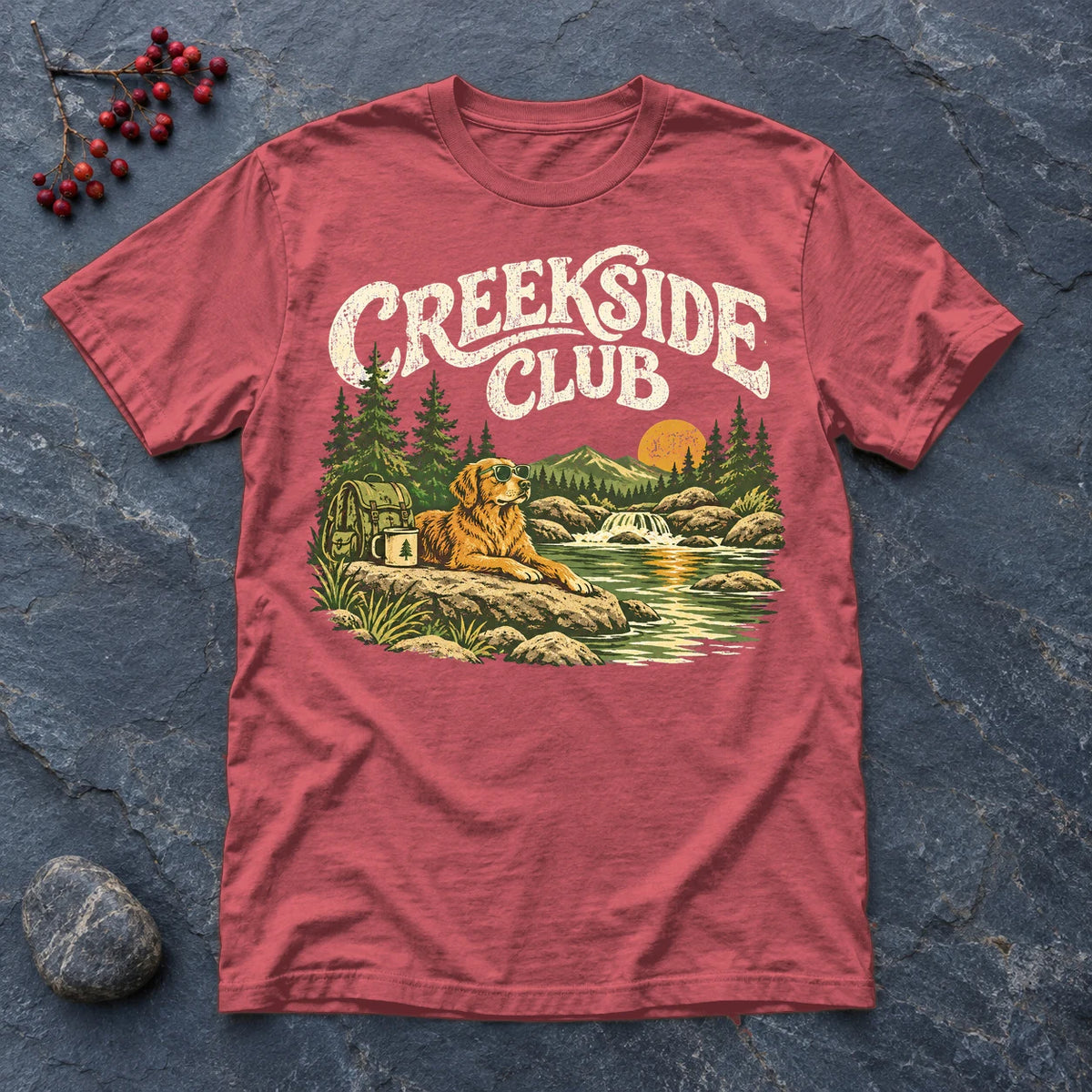 Creekside Club Golden Retriever Graphic Tee on Heather Red Everyday Soft Tee