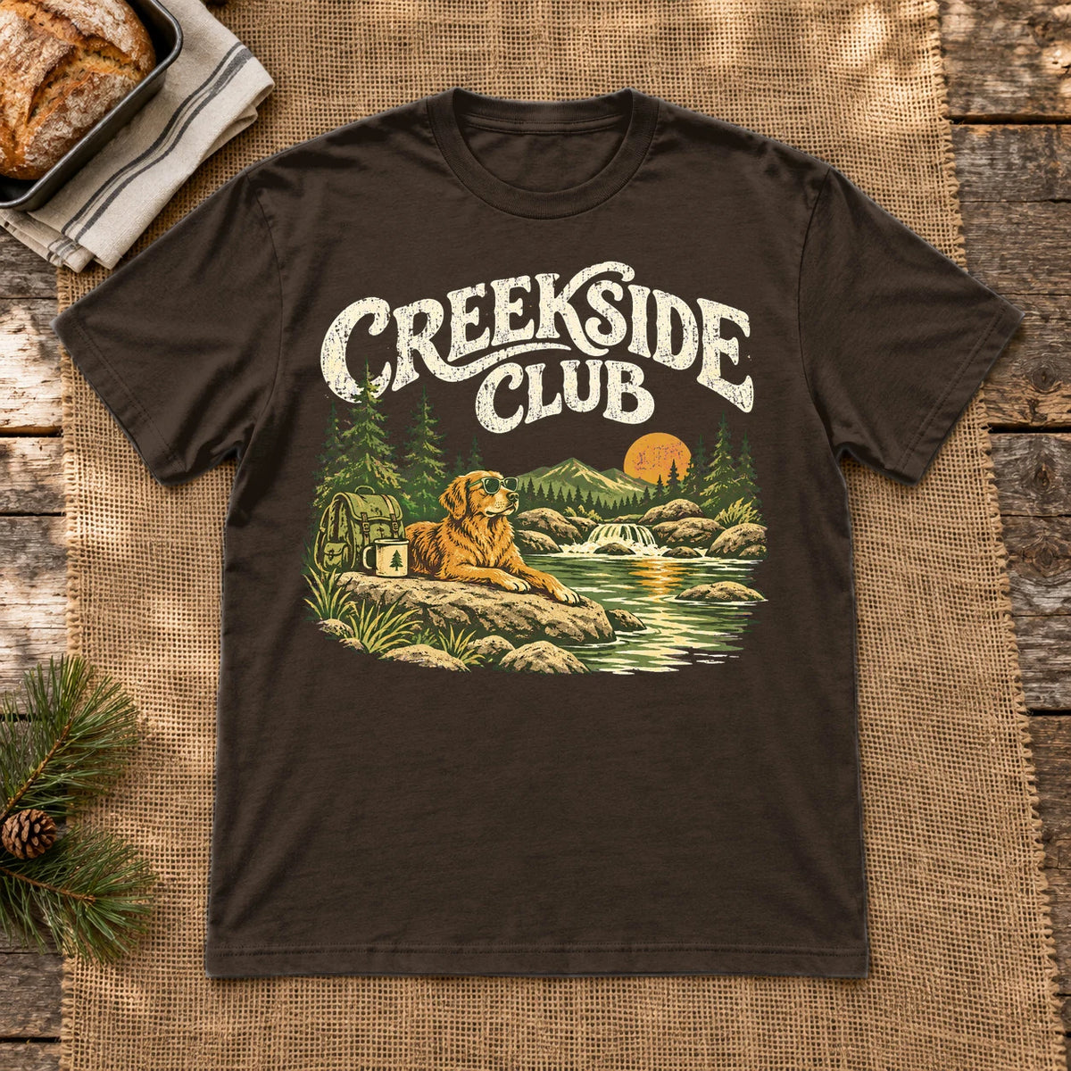 Creekside Club Golden Retriever Graphic Tee on Dark Chocolate Everyday Soft Tee