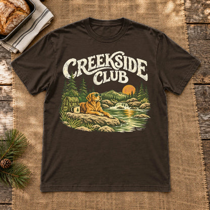 Creekside Club Golden Retriever Graphic Tee on Dark Chocolate Everyday Soft Tee