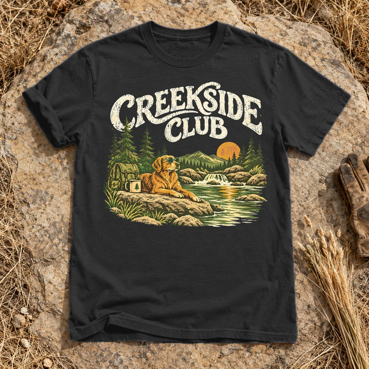 Creekside Club Golden Retriever Graphic Tee on Black Premium Tee