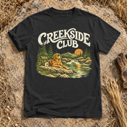 Creekside Club Golden Retriever Graphic Tee on Black Premium Tee