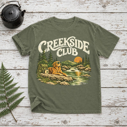 Creekside Club Golden Retriever Graphic Tee on Moss Premium Tee