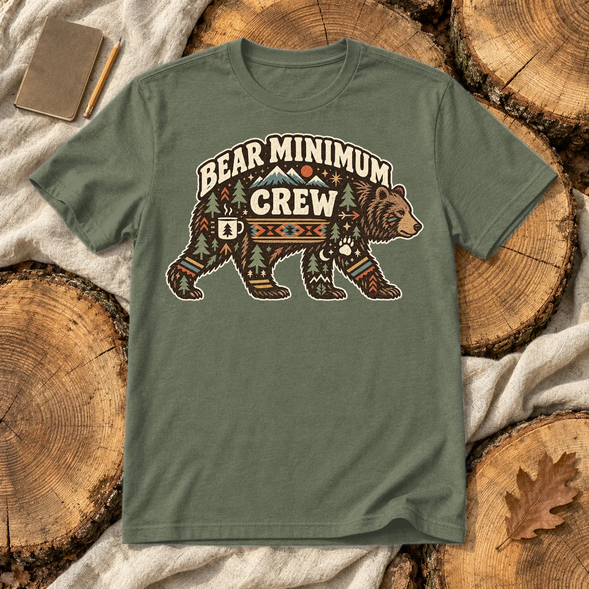 Bear Minimum Crew Graphic Tee on Military Green Everyday Soft Tee