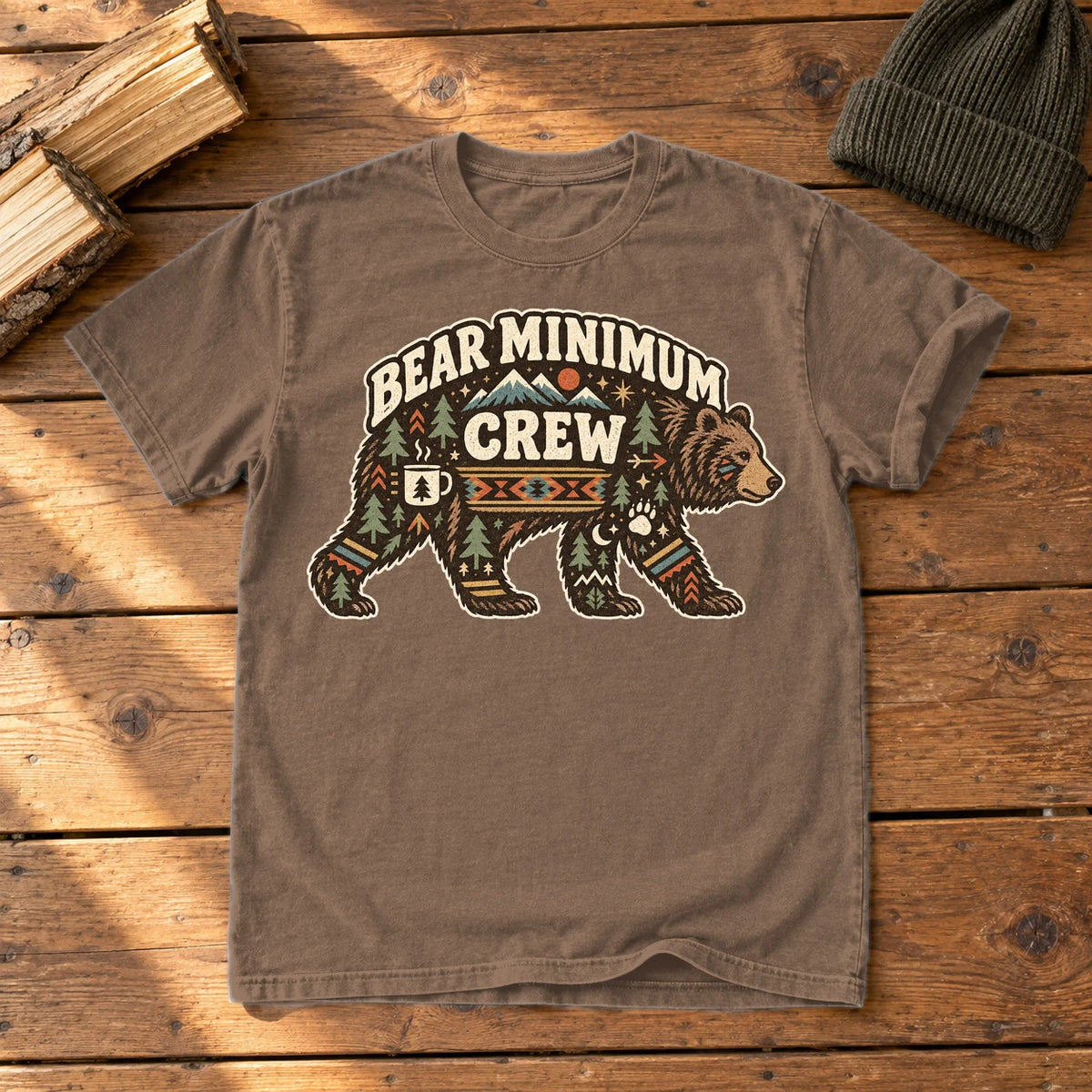 Bear Minimum Crew Graphic Tee on Espresso Premium Tee