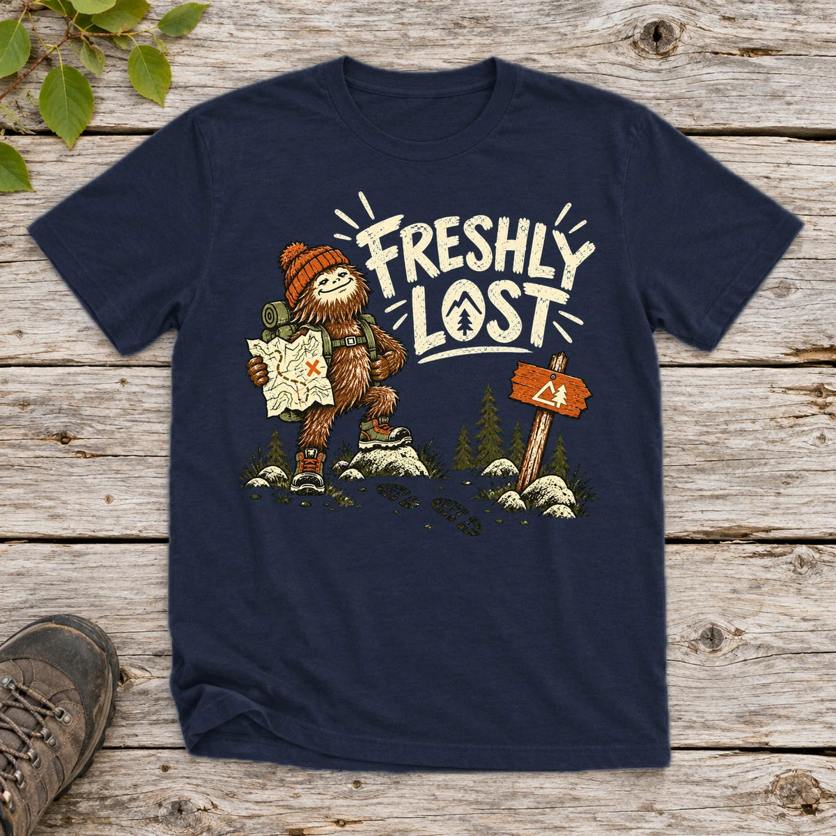 Freshly Lost Sasquatch Hiker Graphic Tee on Navy Everyday Soft Tee