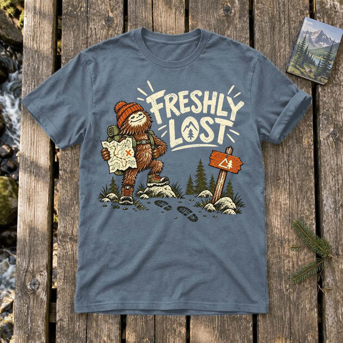 Freshly Lost Sasquatch Hiker Graphic Tee on Heather Indigo Everyday Soft Tee