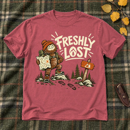 Freshly Lost Sasquatch Hiker Graphic Tee on Heather Red Everyday Soft Tee