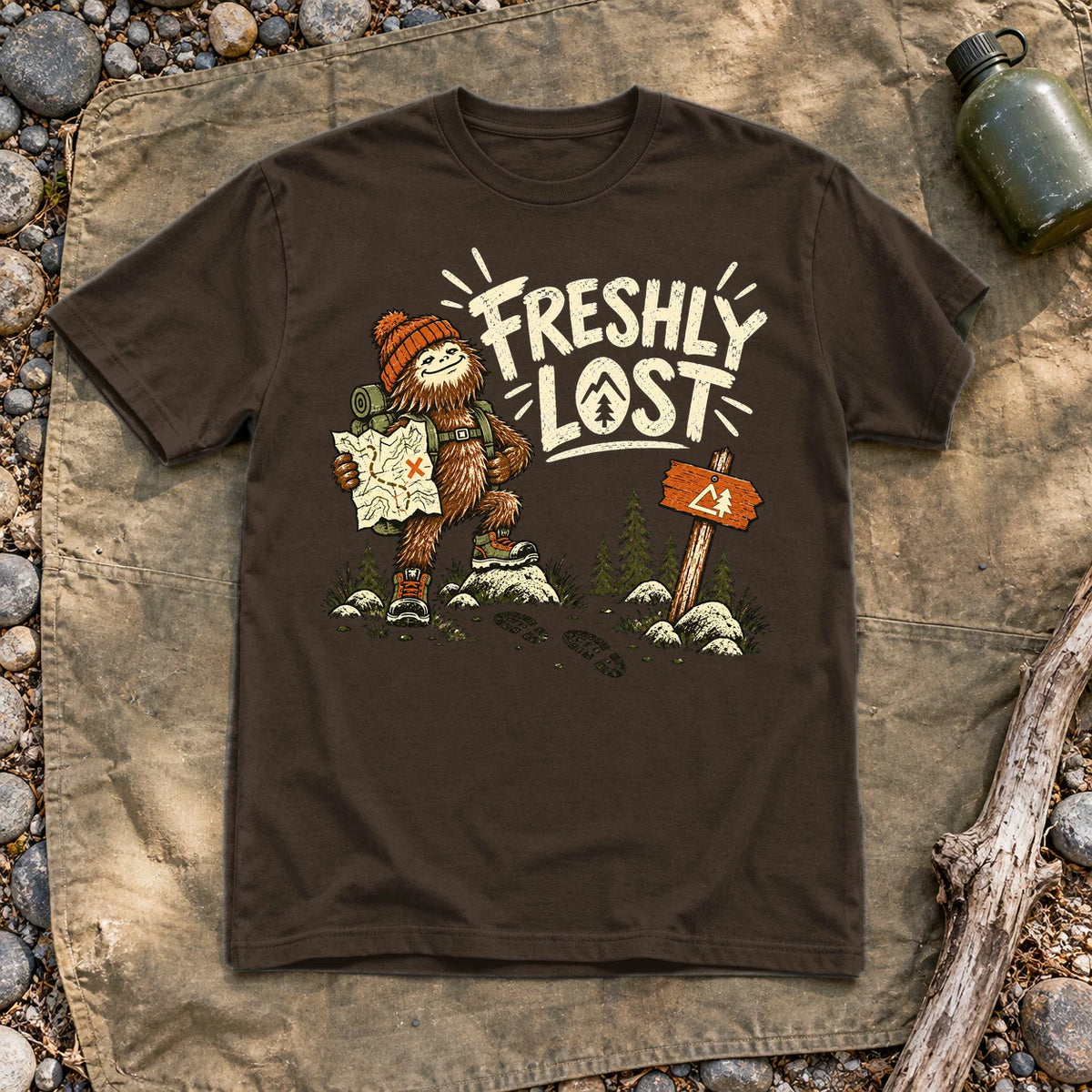 Freshly Lost Sasquatch Hiker Graphic Tee on Dark Chocolate Everyday Soft Tee