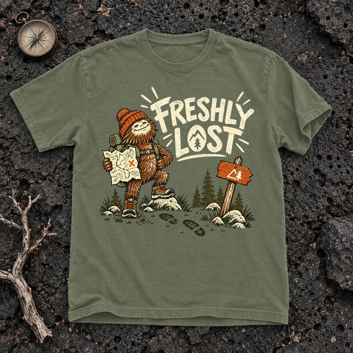 Freshly Lost Sasquatch Hiker Graphic Tee on Moss Premium Tee