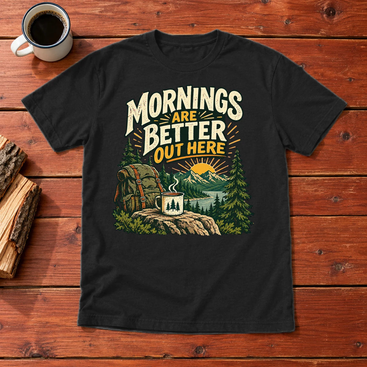 Mornings Are Better Camping Graphic Tee on Black Everyday Soft Tee
